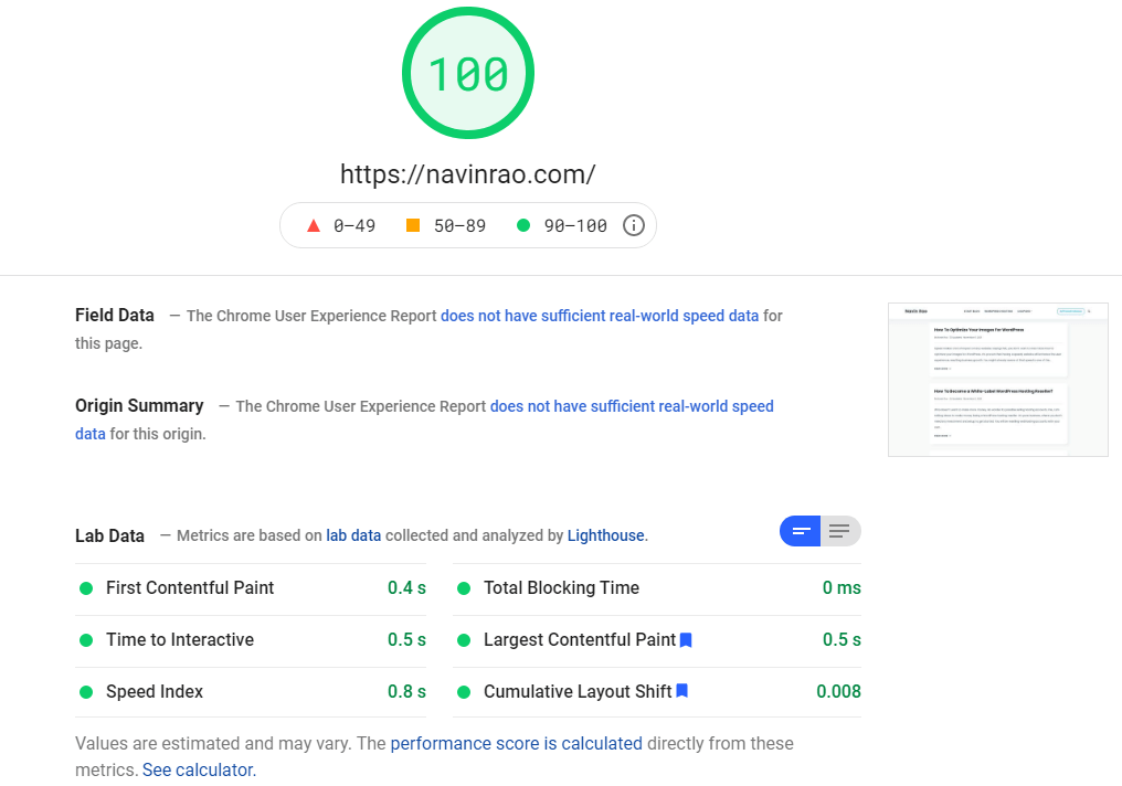 Google page speed insights score