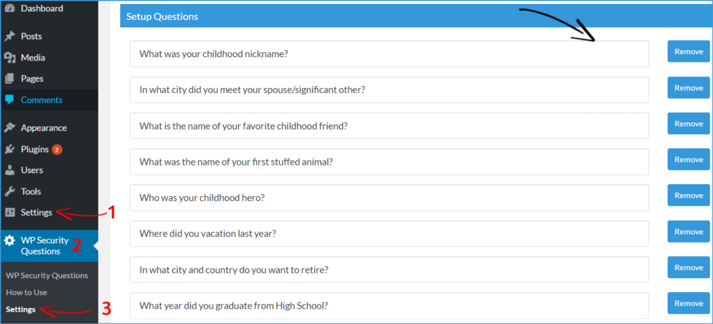 wp security question settings